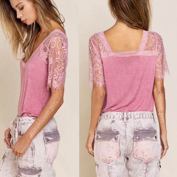 1 S POL Pinky Buttery Soft Lace Sleeve V Neck Tee - Picture 4 of 15